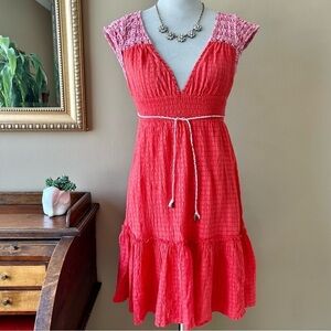Vintage Free People Pink Red Crochet Smocked Mini Dress V-Neck Size 6